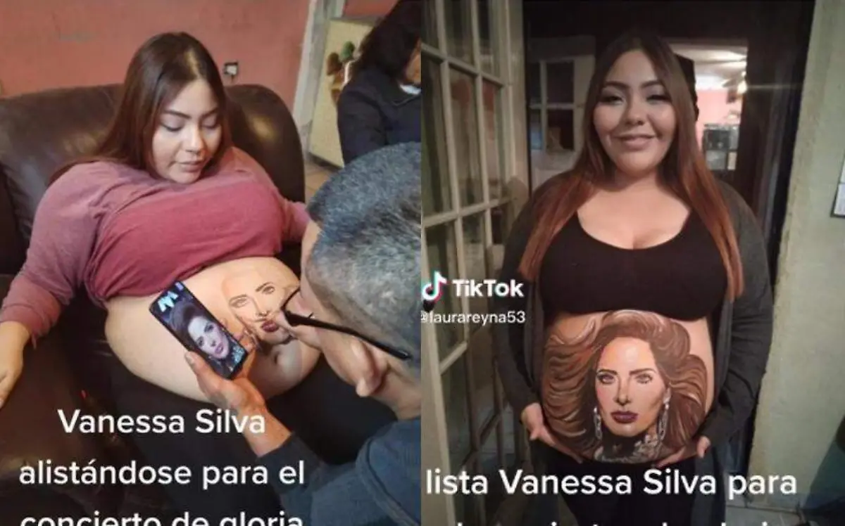 El rostro de Gloria Trevi fue pintado en el vientre de una de sus fans, quien acudiría a su concierto en Nuevo Laredo, Tamaulipas Captura de pantalla TikTok